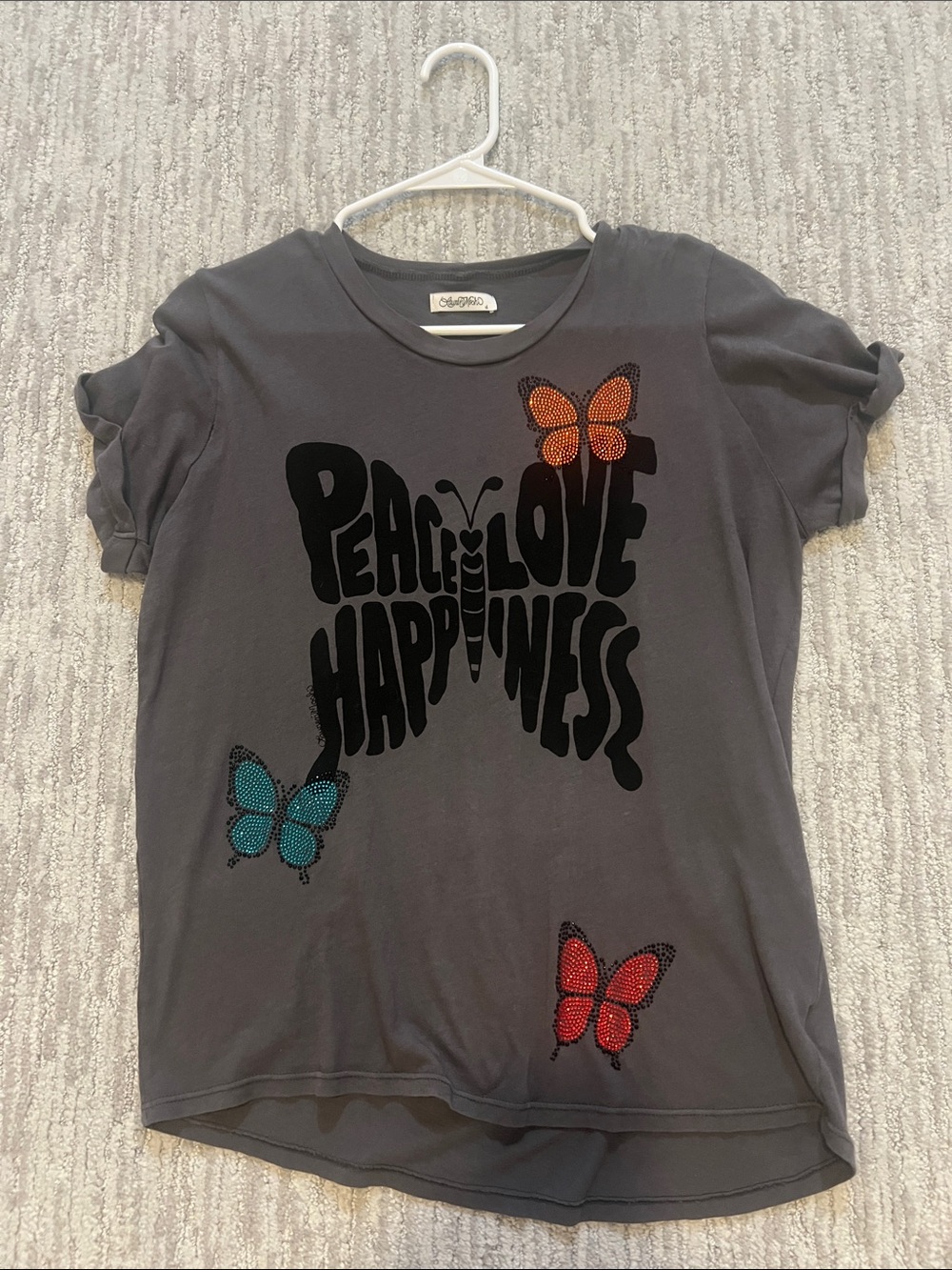 Lauren Moshi Gray Tee with Black Slogan and Colorful Butterflies